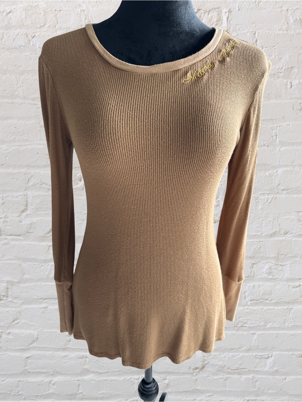 Ribbed Knit Long Sleeve Top in Warm Camel Tone